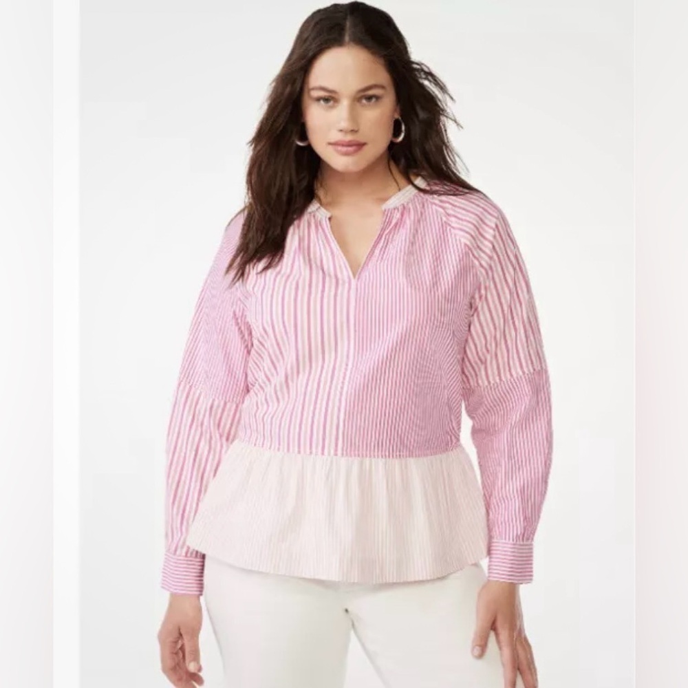 Free Assembly Pink V-Neck Peplum Top with Long Sleeves, XXL Mixed Stripe